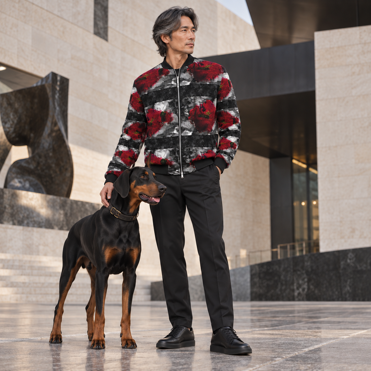 Rose of Pain and Joy Men's Bomber Jacket — owner with registered natural-eared Doberman companion