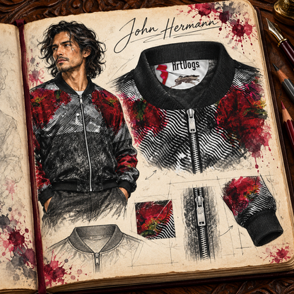 Rose of Pain and Joy Men's Bomber Jacket — Handbook collar and zipper detail