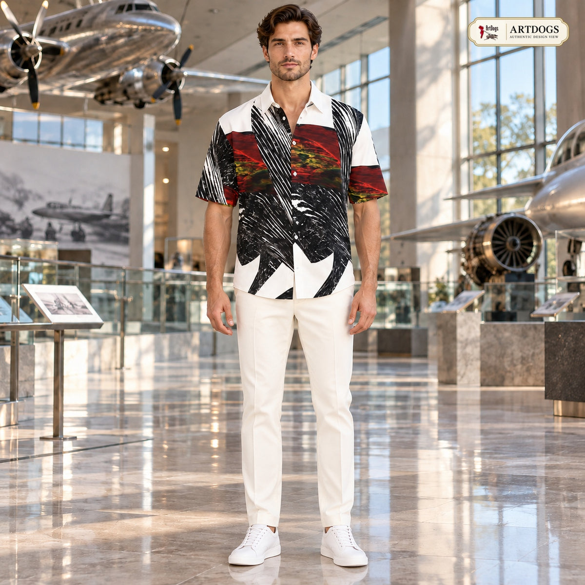 Authentic front view of Spirit of Flight 1 men's silk shirt