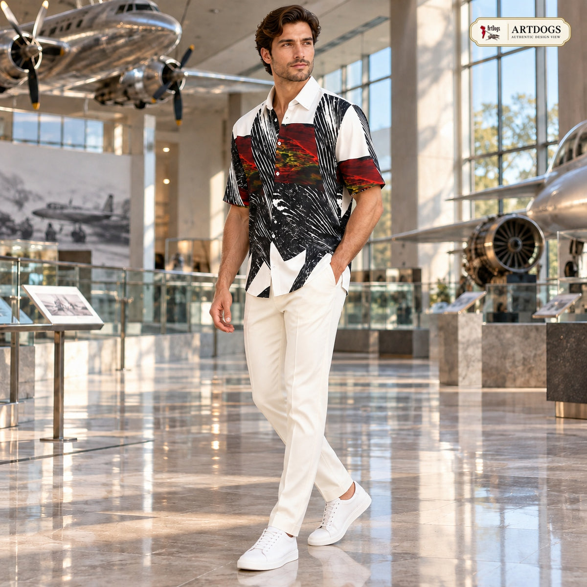 Authentic right angle view of Spirit of Flight 1 men's silk shirt