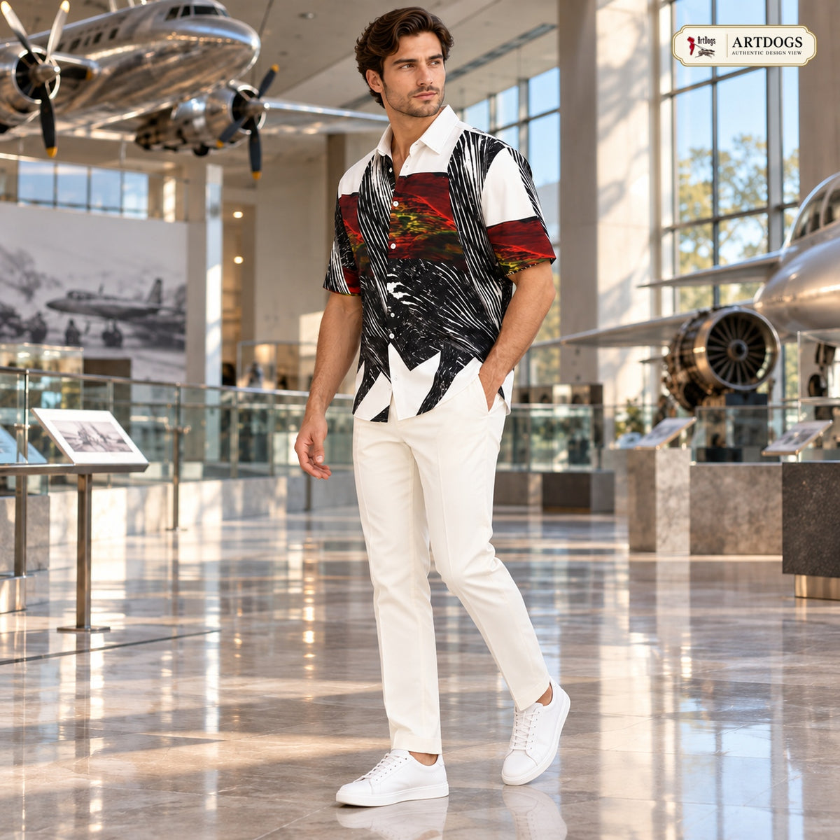 Authentic left angle view of Spirit of Flight 1 men's silk shirt