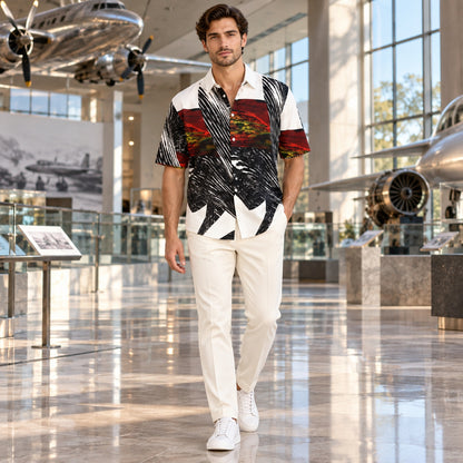 Man wearing Spirit of Flight 1 men's silk shirt from the front