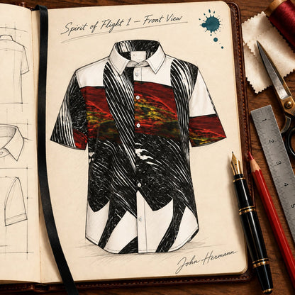 Handbook front view of Spirit of Flight 1 men's silk shirt