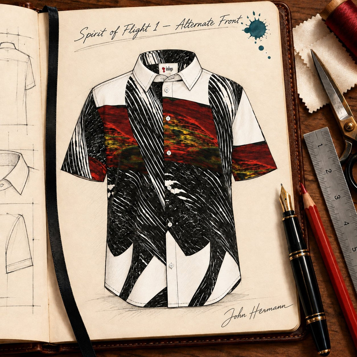 Handbook alternate front view of Spirit of Flight 1 men's silk shirt