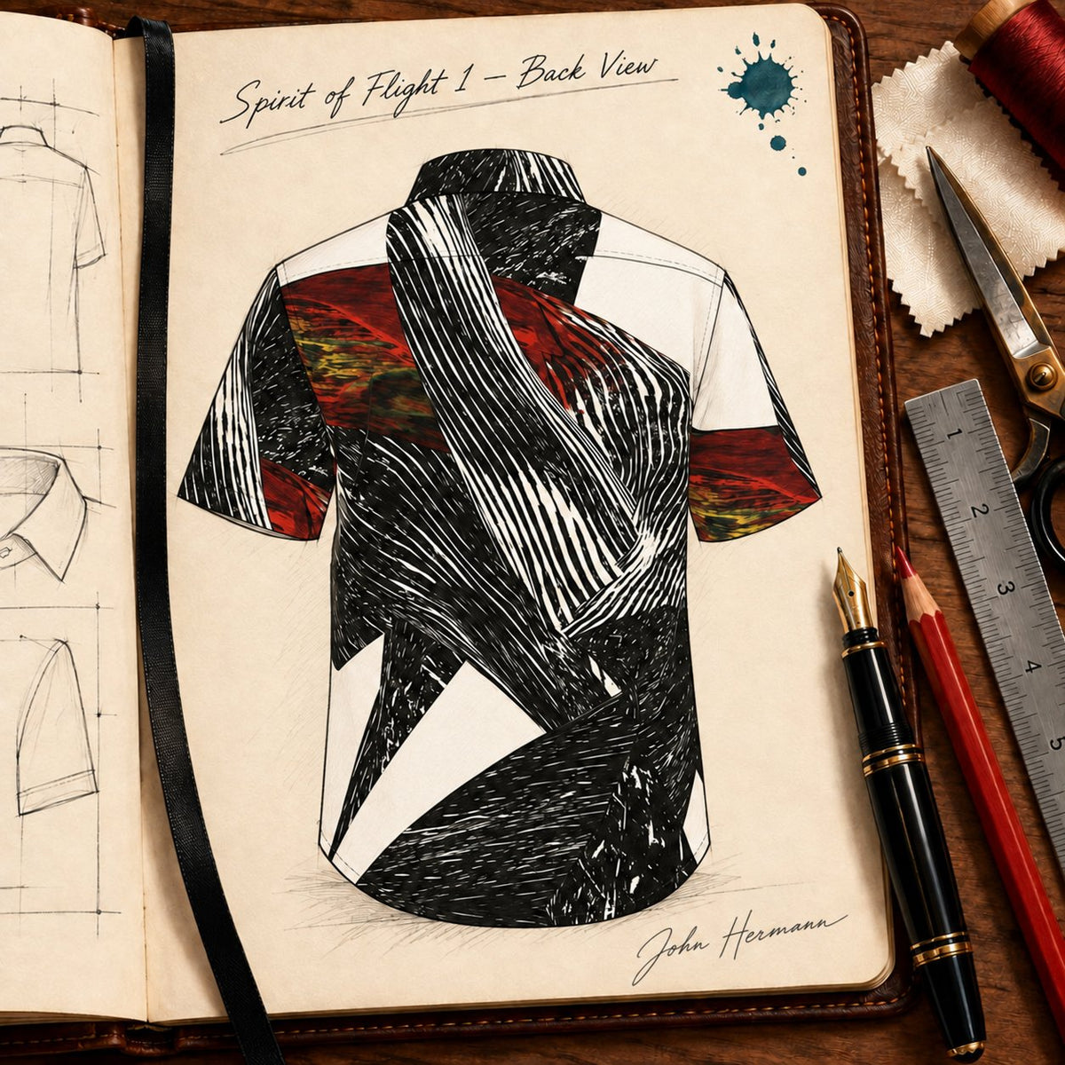 Handbook back view of Spirit of Flight 1 men's silk shirt