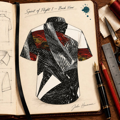 Handbook back view of Spirit of Flight 1 men's silk shirt