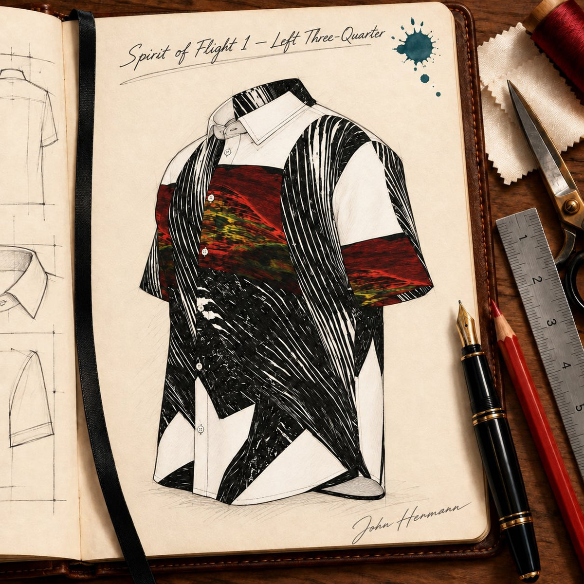 Handbook left angle view of Spirit of Flight 1 men's silk shirt