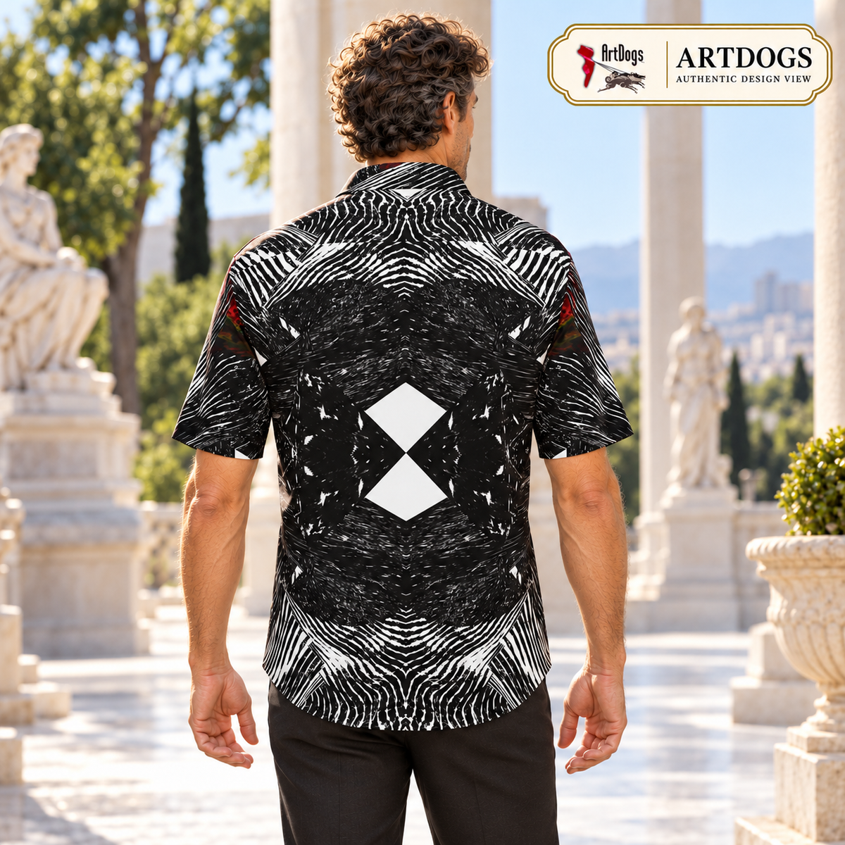 Spirit of Flight 2 mens short sleeve shirt — Authentic Design View — Full back; original artwork by John Robert Hermann.