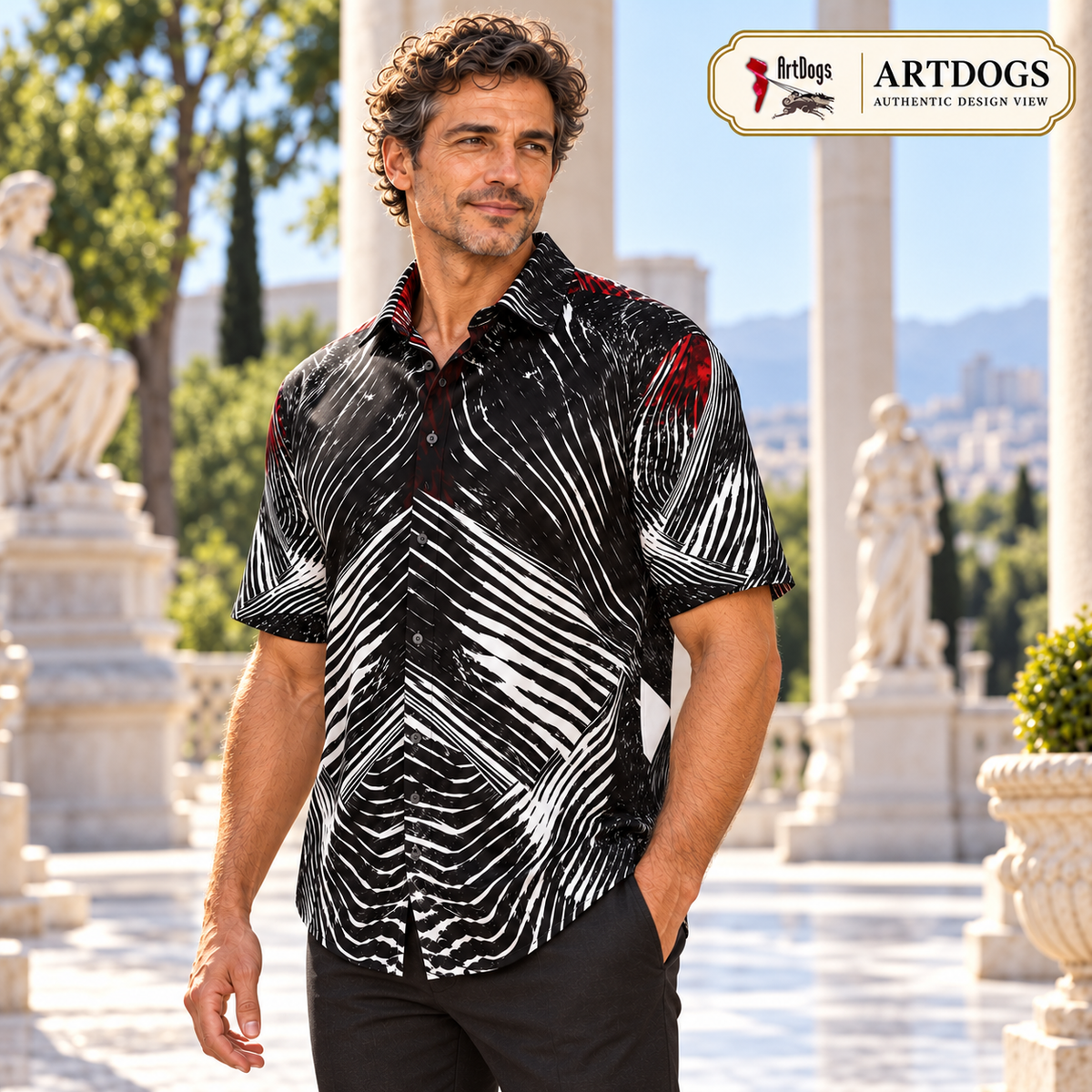 Spirit of Flight 2 mens short sleeve shirt — Authentic Design View — Three-quarter side 2; original artwork by John Robert Hermann.