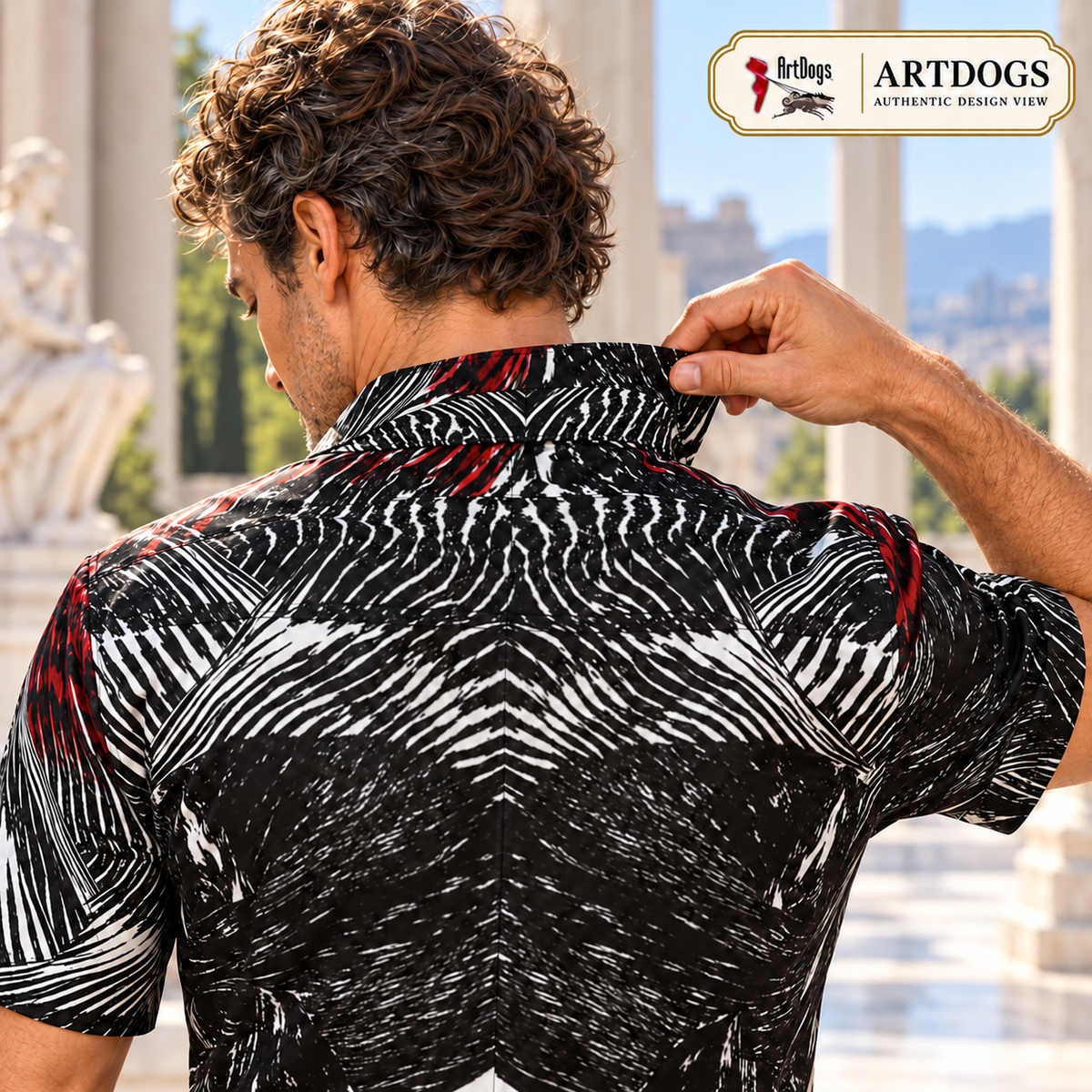 Spirit of Flight 2 mens short sleeve shirt — Authentic Design View — Collar construction; original artwork by John Robert Hermann.