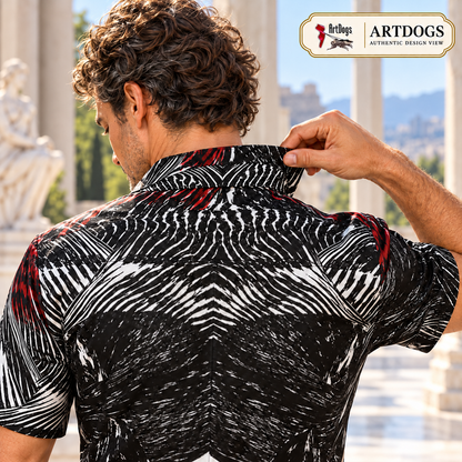 Spirit of Flight 2 mens short sleeve shirt — Authentic Design View — Collar construction; original artwork by John Robert Hermann.