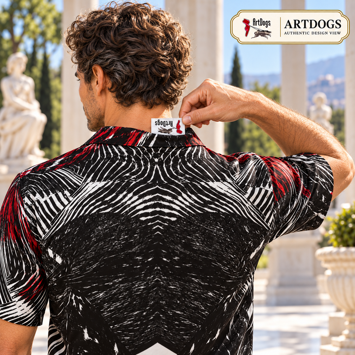 Spirit of Flight 2 mens short sleeve shirt — Authentic Design View — Label detail; original artwork by John Robert Hermann.