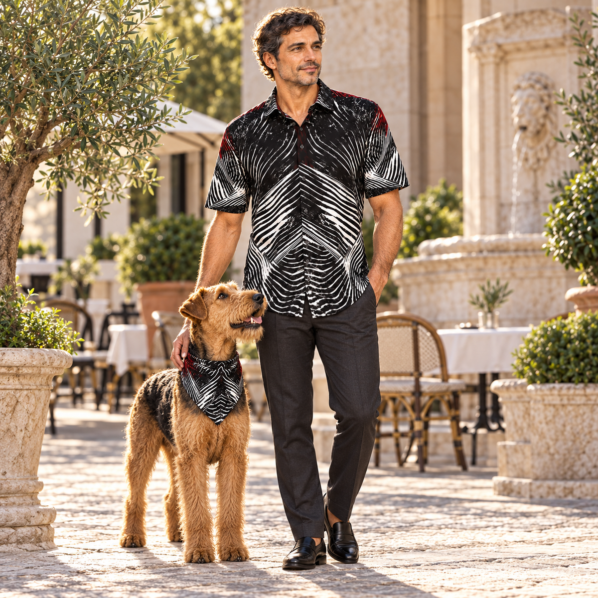 Spirit of Flight 2 mens short sleeve shirt — Conventional fashion — Owner and Airedale Terrier cover; original artwork by John Robert Hermann.