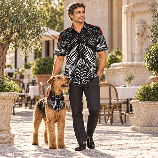 Spirit of Flight 2 mens short sleeve shirt — Conventional fashion — Owner and Airedale Terrier cover; original artwork by John Robert Hermann.