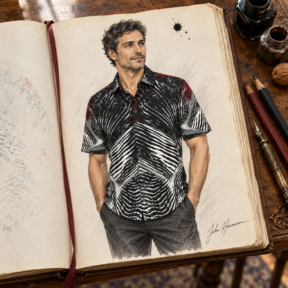 Spirit of Flight 2 mens short sleeve shirt — Handbook — Front; original artwork by John Robert Hermann.
