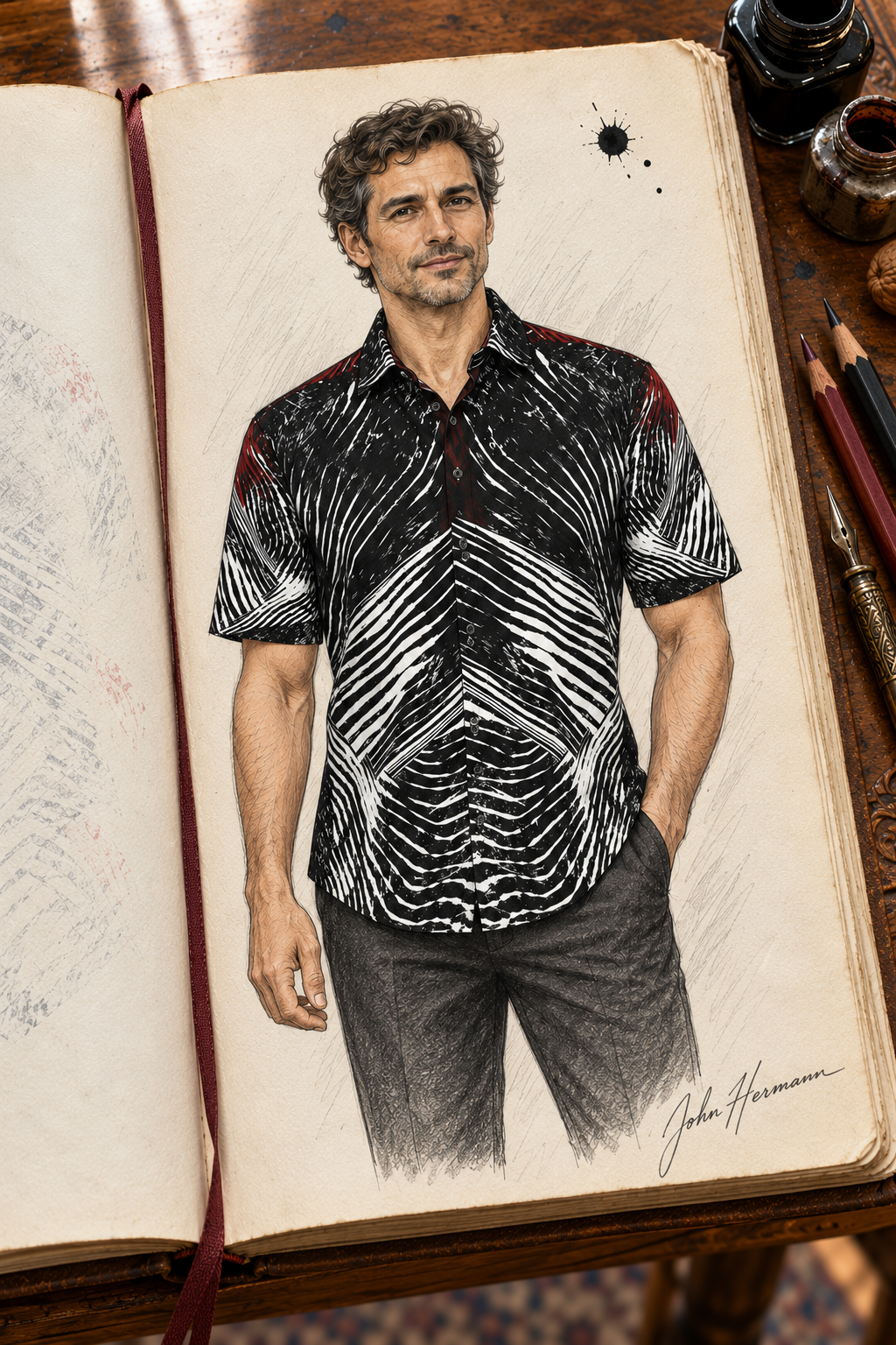 Spirit of Flight 2 mens short sleeve shirt — Handbook — Alternate front; original artwork by John Robert Hermann.