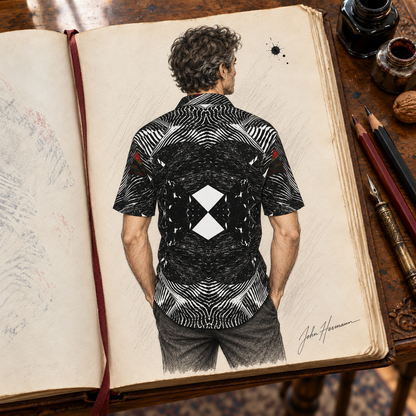 Spirit of Flight 2 mens short sleeve shirt — Handbook — Full back; original artwork by John Robert Hermann.
