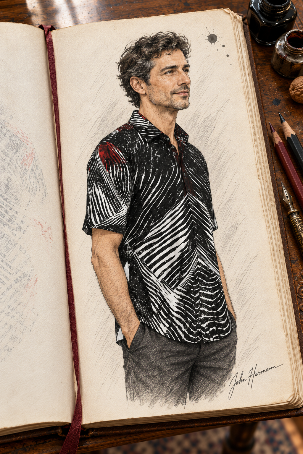 Spirit of Flight 2 mens short sleeve shirt — Handbook — Three-quarter side 1; original artwork by John Robert Hermann.
