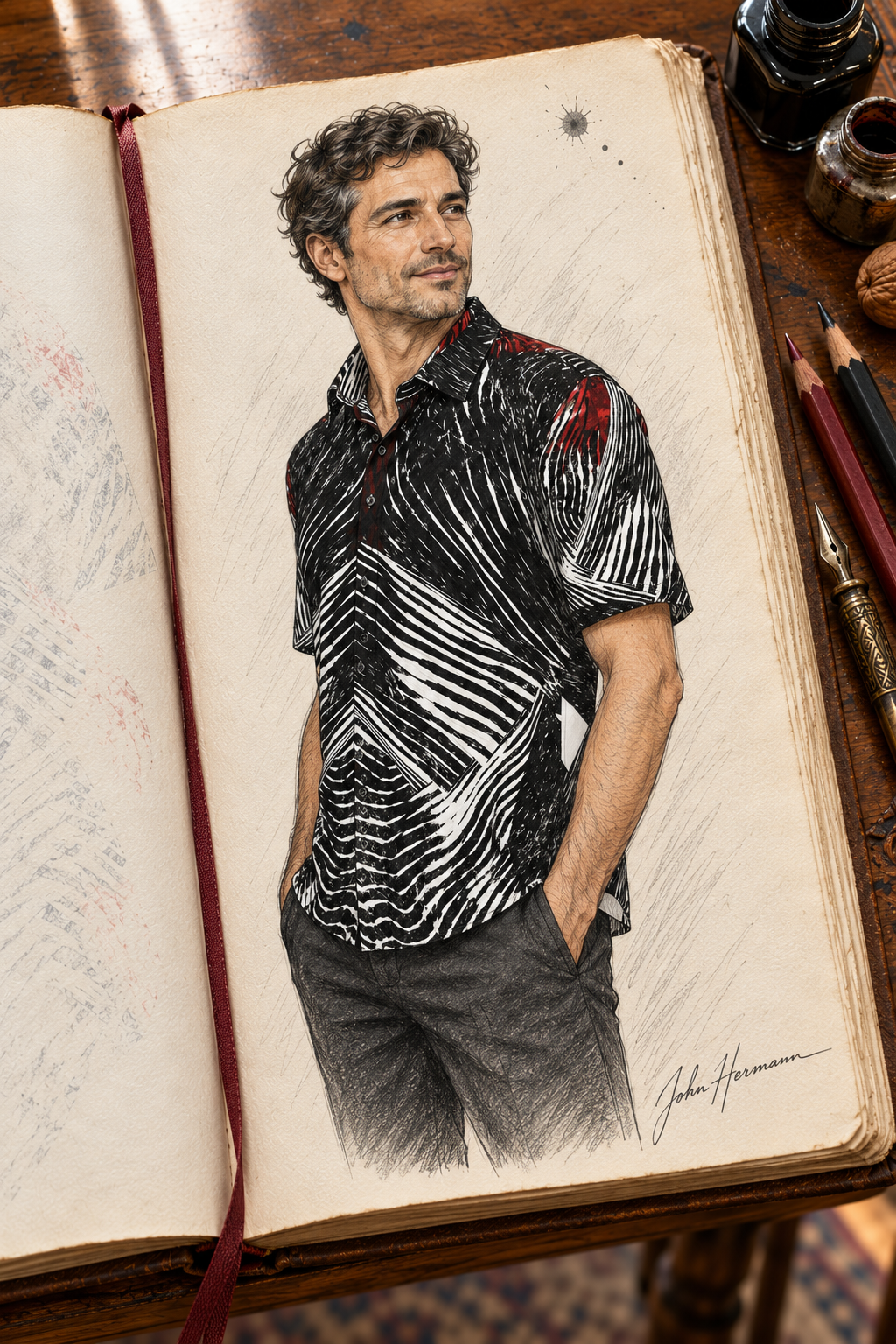 Spirit of Flight 2 mens short sleeve shirt — Handbook — Three-quarter side 2; original artwork by John Robert Hermann.