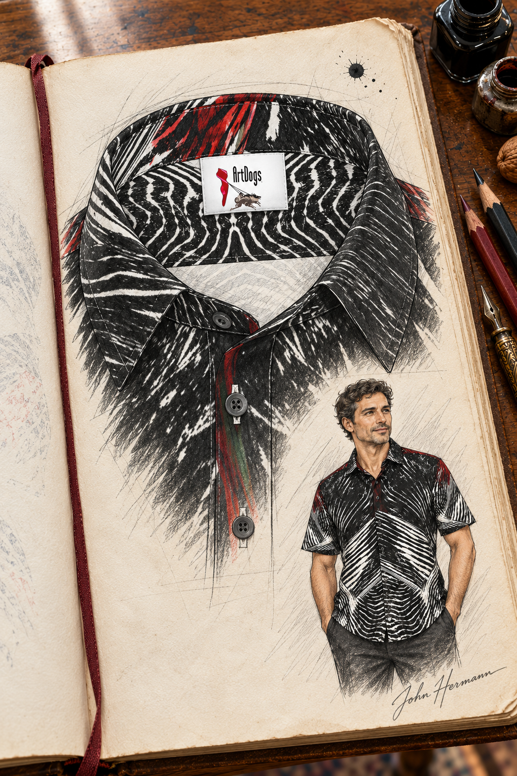 Spirit of Flight 2 mens short sleeve shirt — Handbook — Collar construction; original artwork by John Robert Hermann.
