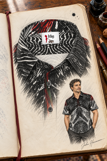 Spirit of Flight 2 mens short sleeve shirt — Handbook — Collar construction; original artwork by John Robert Hermann.
