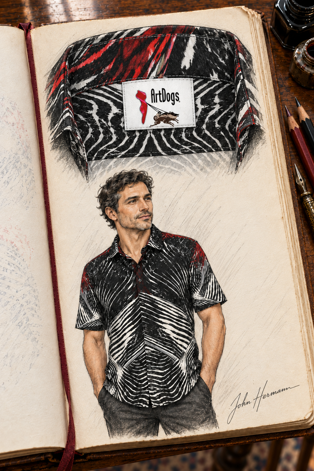 Spirit of Flight 2 mens short sleeve shirt — Handbook — Label detail; original artwork by John Robert Hermann.