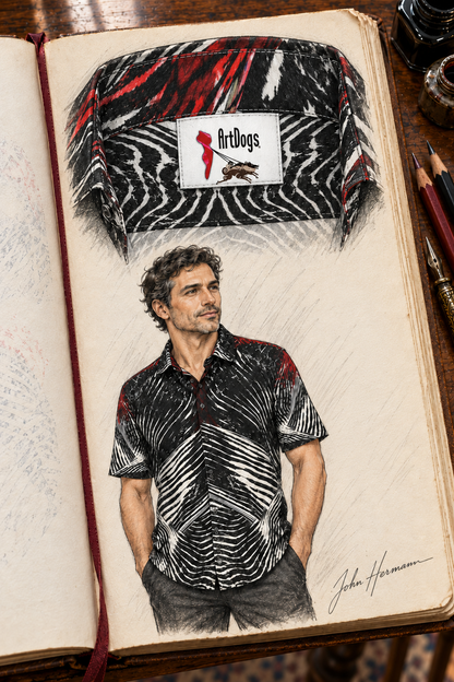 Spirit of Flight 2 mens short sleeve shirt — Handbook — Label detail; original artwork by John Robert Hermann.