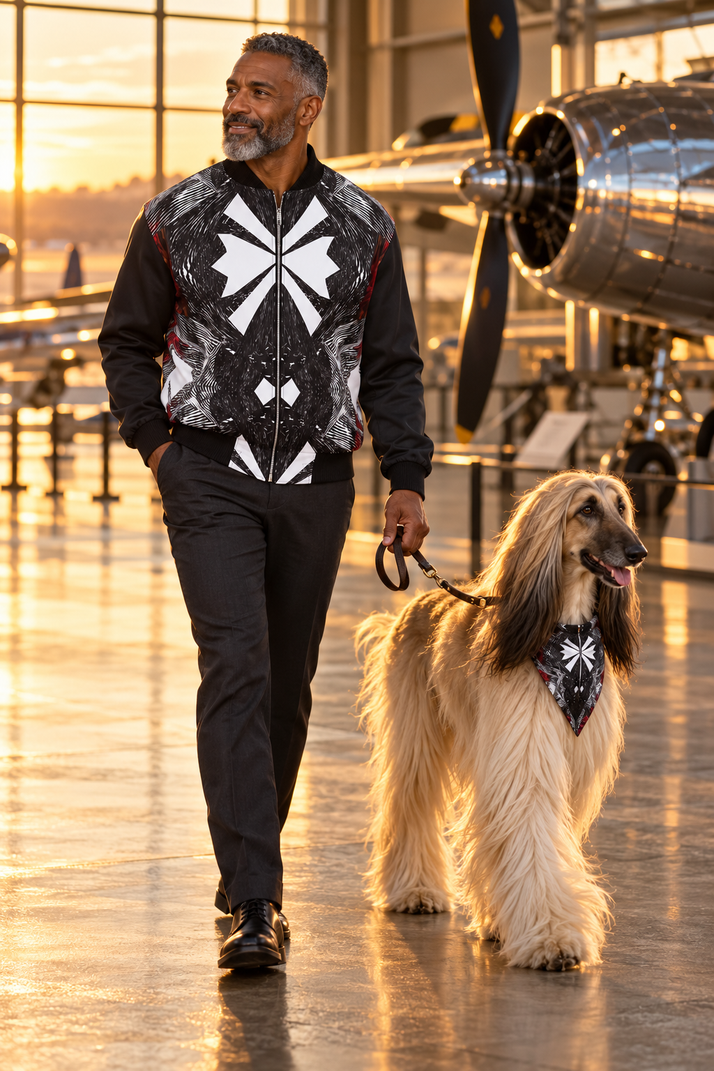 Spirit of Flight 3 Men's Reversible Silk Bomber Jacket — owner with registered adult Afghan Hound companion