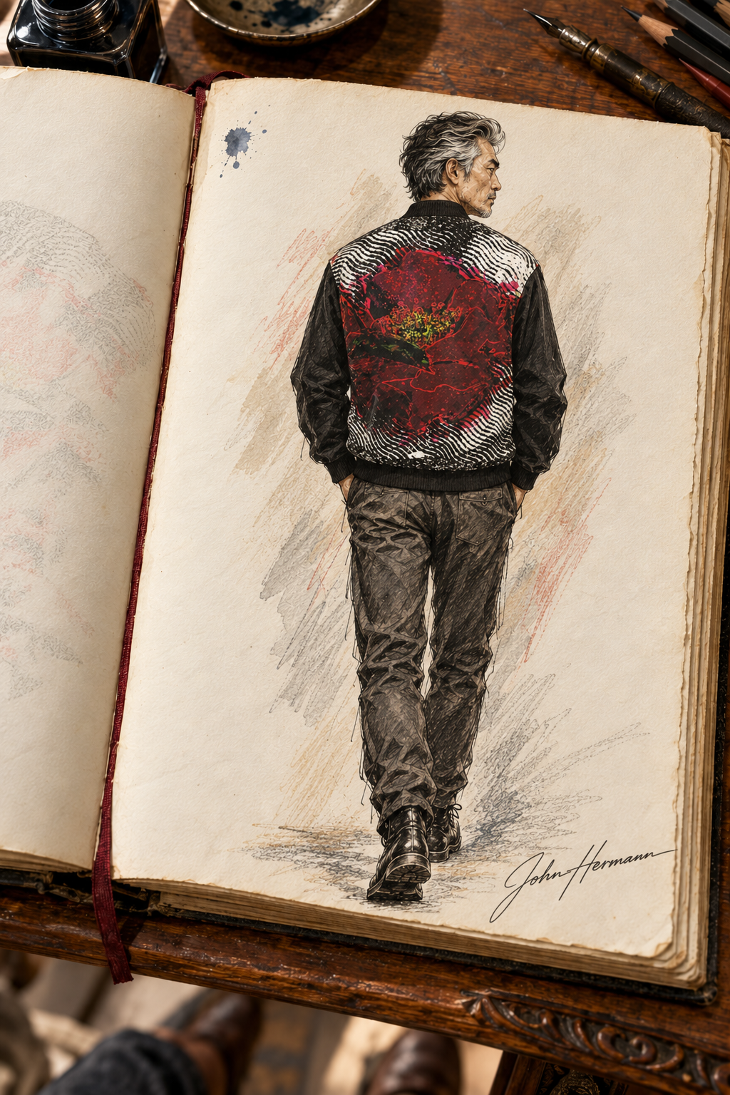 Spirit of Flight 3 Men's Reversible Silk Bomber Jacket — Handbook side A back view
