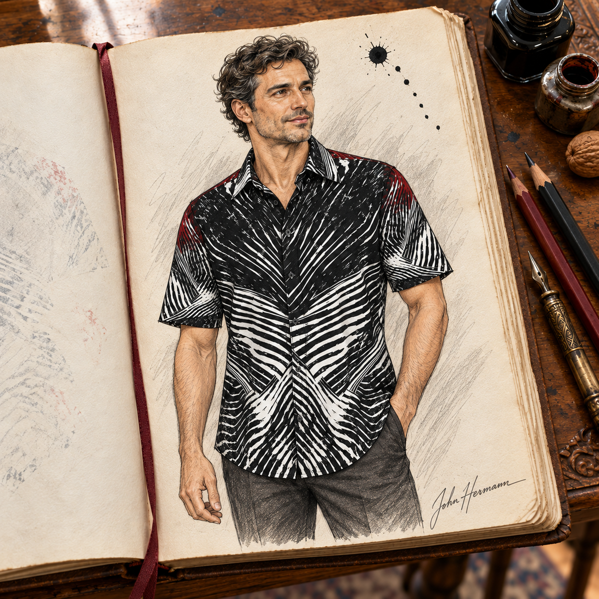 Spirit of Flight 3 mens short sleeve shirt — Handbook — Alternate front; original artwork by John Robert Hermann.