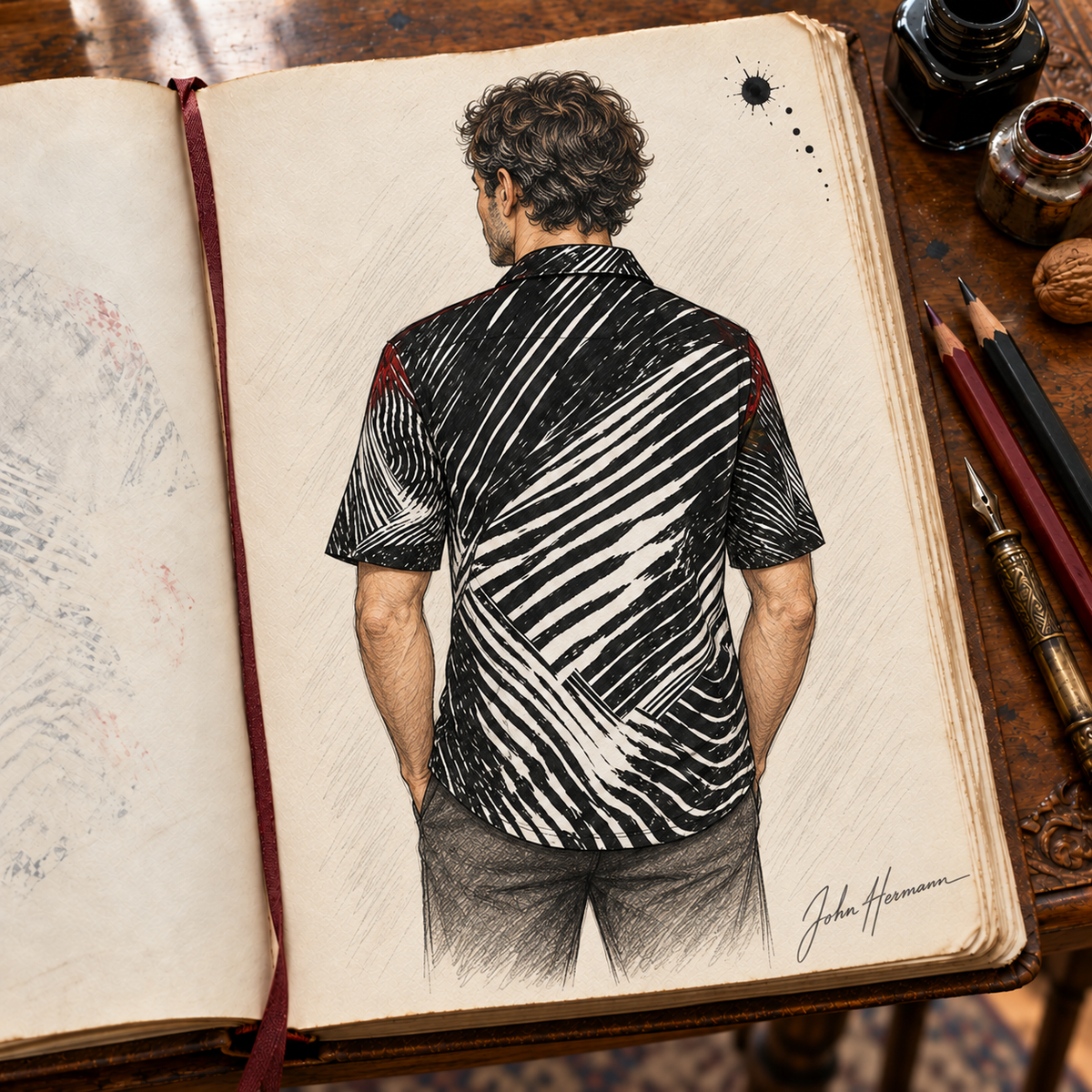 Spirit of Flight 3 mens short sleeve shirt — Handbook — Rear view; original artwork by John Robert Hermann.