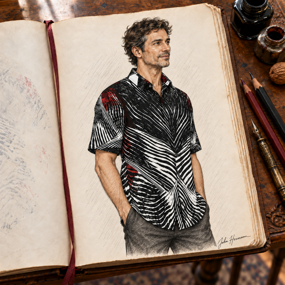 Spirit of Flight 3 mens short sleeve shirt — Handbook — Side 1; original artwork by John Robert Hermann.