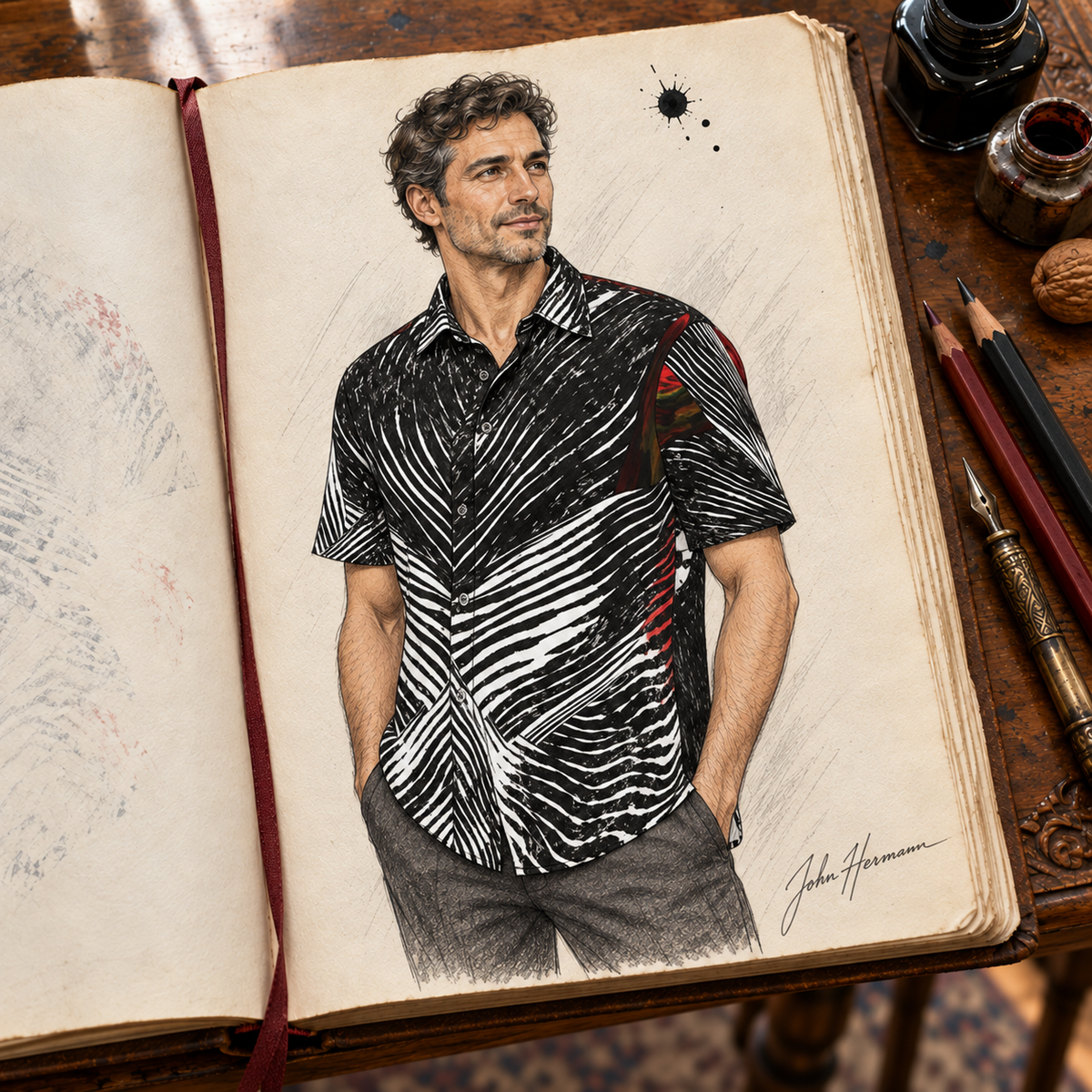 Spirit of Flight 3 mens short sleeve shirt — Handbook — Side 2; original artwork by John Robert Hermann.