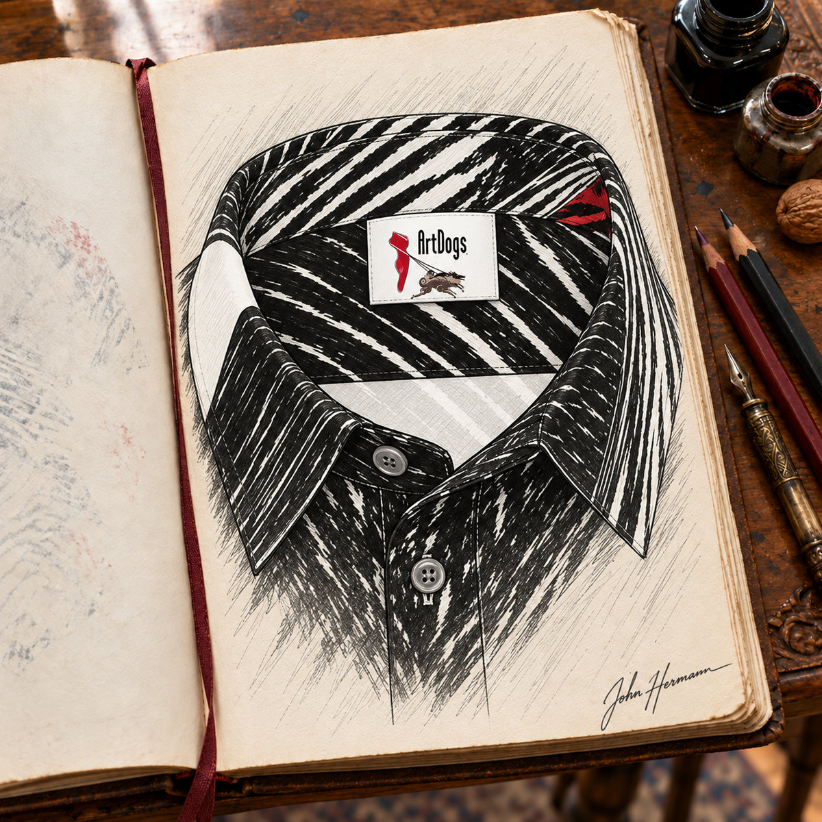 Spirit of Flight 3 mens short sleeve shirt — Handbook — Collar construction; original artwork by John Robert Hermann.
