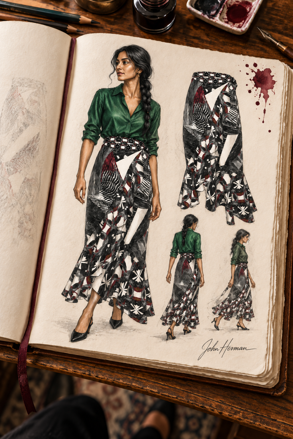 Spirit of Flight Long Flounce Skirt — Handbook designer sketchbook — front