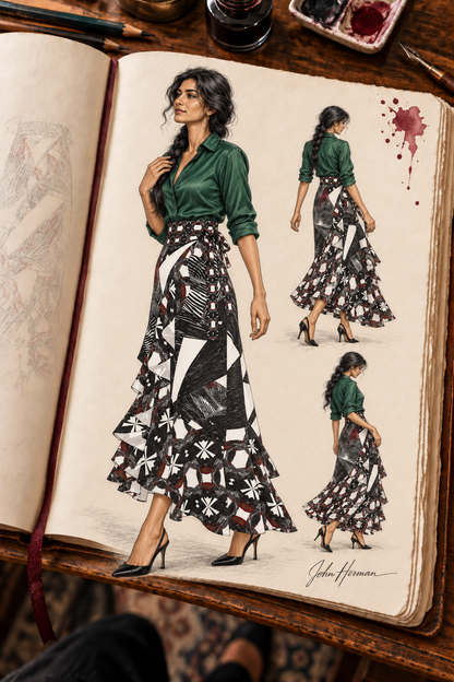 Spirit of Flight Long Flounce Skirt — Handbook designer sketchbook — left three quarter