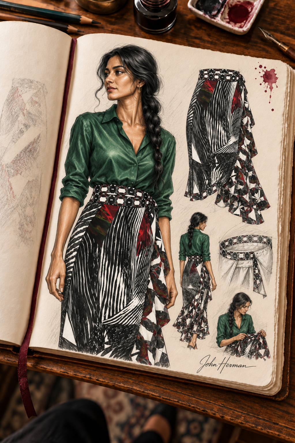 Spirit of Flight Long Flounce Skirt — Handbook designer sketchbook — left waist