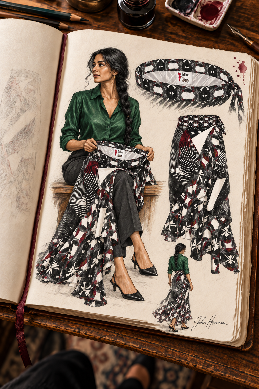 Spirit of Flight Long Flounce Skirt — Handbook designer sketchbook — interior waist label