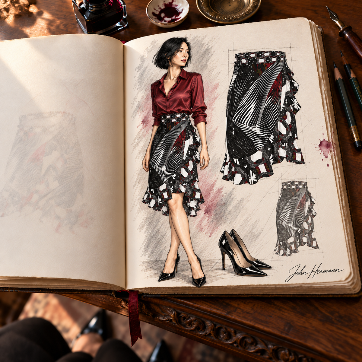 Spirit of Flight Short Flounce Skirt — Handbook designer sketchbook — right three quarter