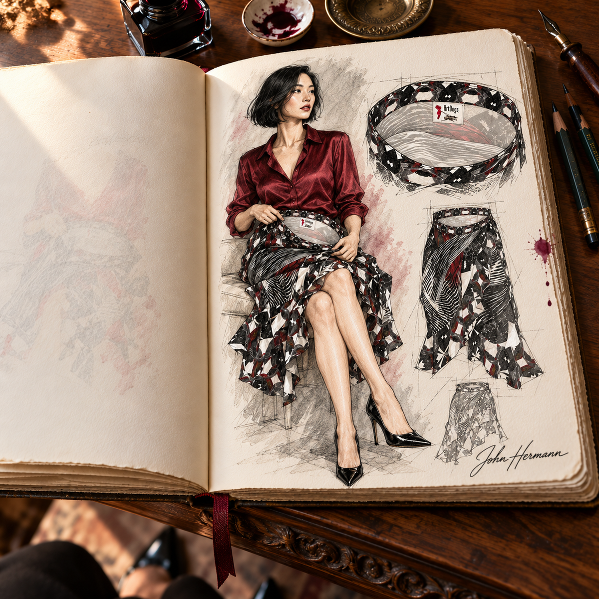 Spirit of Flight Short Flounce Skirt — Handbook designer sketchbook — interior waist label
