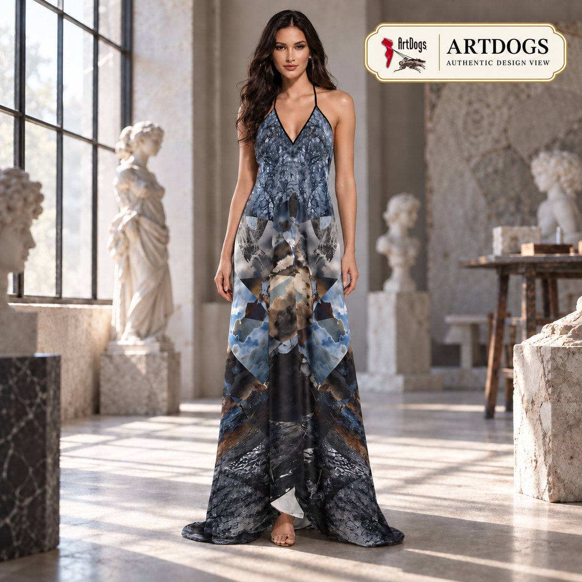 Spirit of Jezebel Halterneck backless dress — Authentic Design View, front, 100% Real Silk Satin 85gsm, with a train.