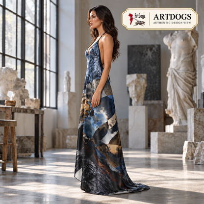 Spirit of Jezebel Halterneck backless dress — Authentic Design View, left, 100% Real Silk Satin 85gsm, with a train.