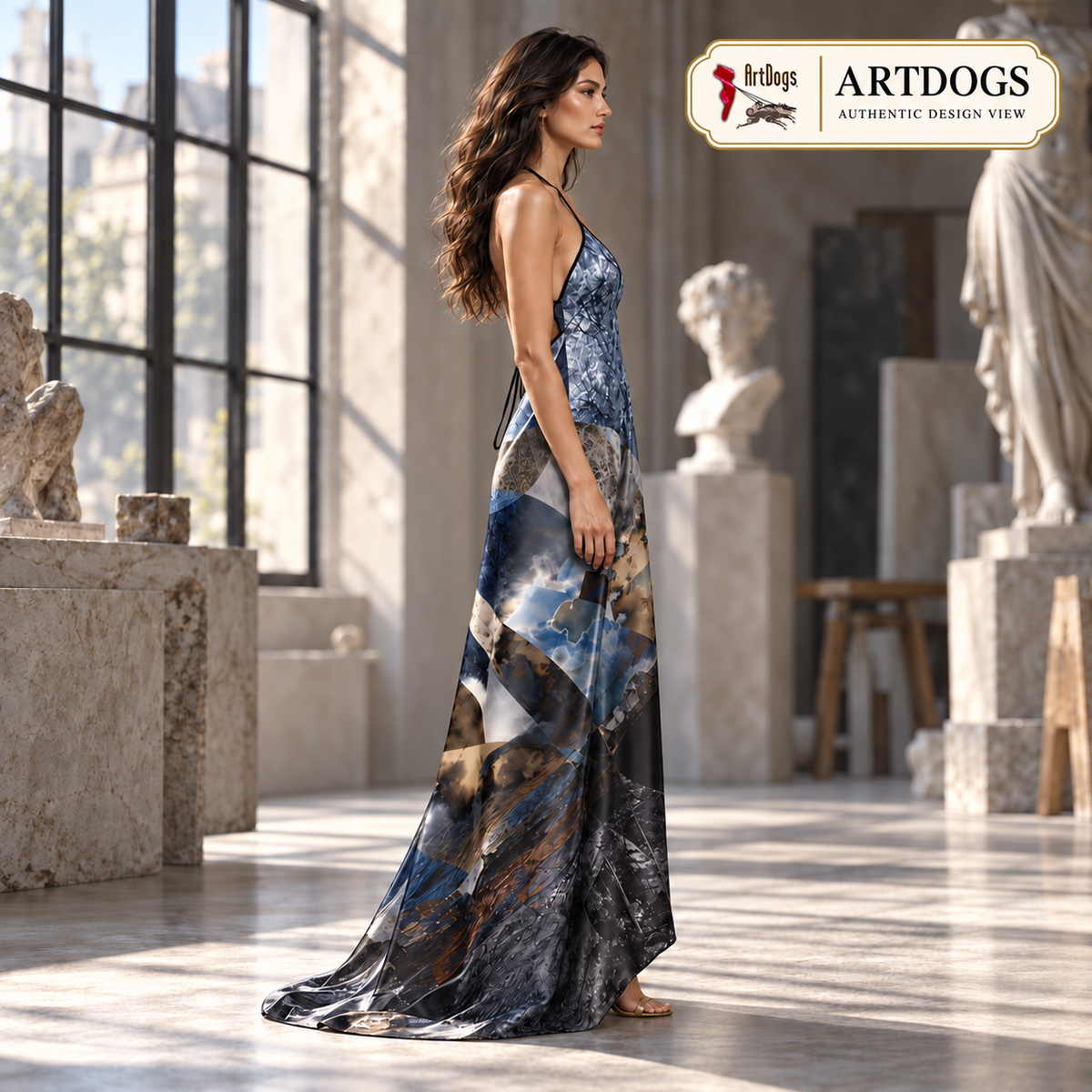 Spirit of Jezebel Halterneck backless dress — Authentic Design View, right, 100% Real Silk Satin 85gsm, with a train.