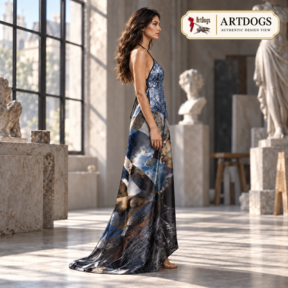 Spirit of Jezebel Halterneck backless dress — Authentic Design View, right, 100% Real Silk Satin 85gsm, with a train.