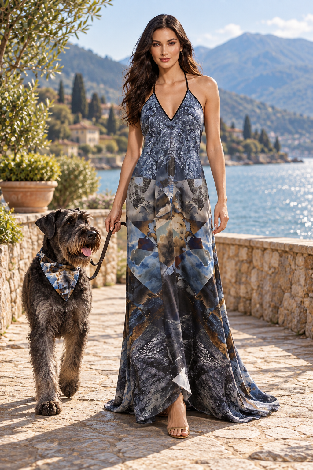 Spirit of Jezebel Halterneck backless dress — owner wearing faithful artwork with adult salt-and-pepper Giant Schnauzer in matching artwork bandana.