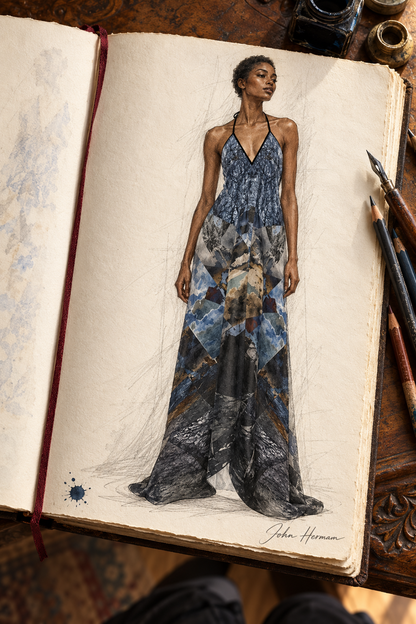 Spirit of Jezebel Halterneck backless dress — hand-drawn John Hermann Handbook, front.