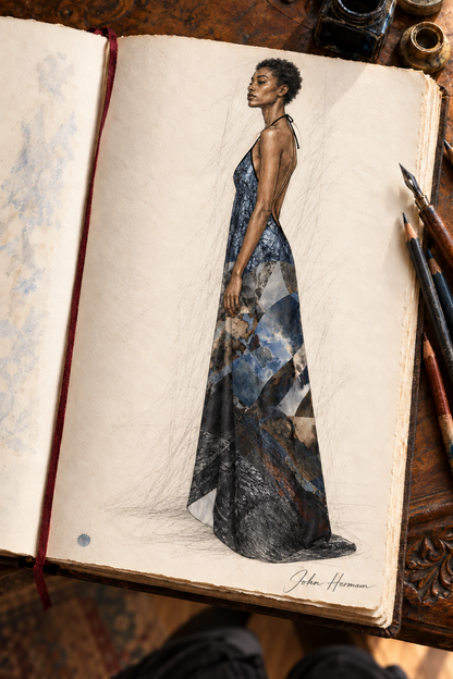 Spirit of Jezebel Halterneck backless dress — hand-drawn John Hermann Handbook, left.