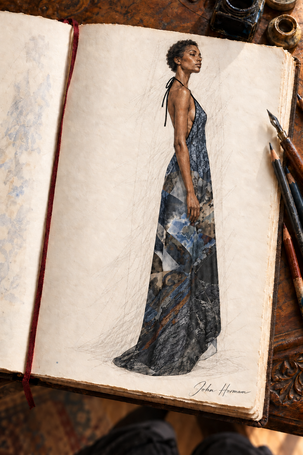 Spirit of Jezebel Halterneck backless dress — hand-drawn John Hermann Handbook, right.
