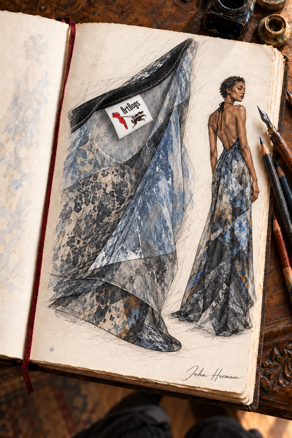 Spirit of Jezebel Halterneck backless dress — hand-drawn John Hermann Handbook, fabric-label-detail.