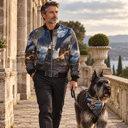Man in Spirit of Jezebel reversible silk bomber walking a Giant Schnauzer with matching artwork bandana